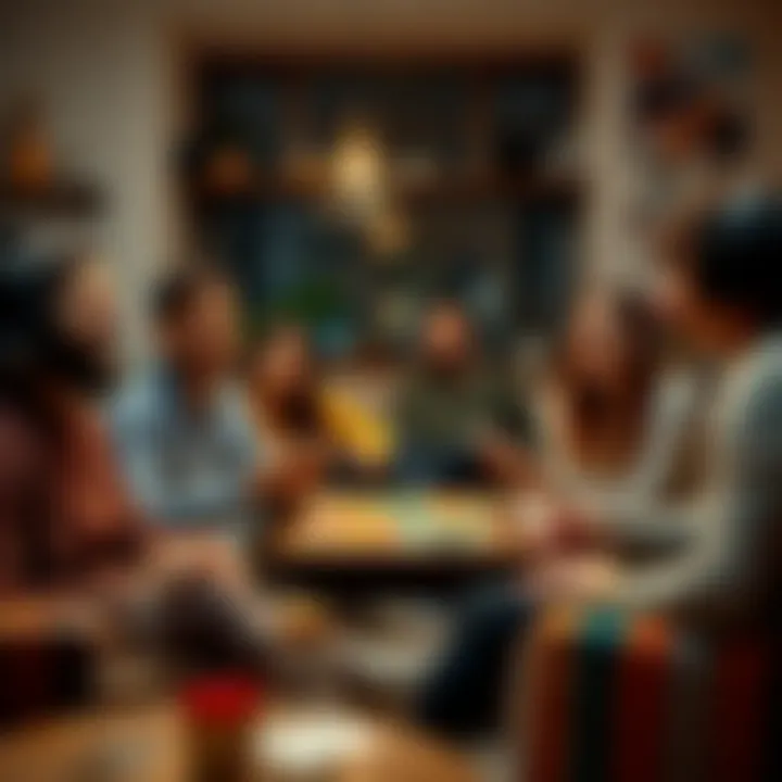 A group of friends smiling while playing board games and card games in a cozy living room