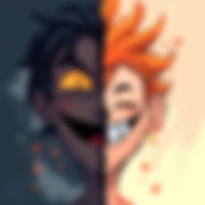 An illustration showing a dark character turning into a silly cartoon figure with a big smile and bright colors, reflecting a humorous twist on a serious theme.