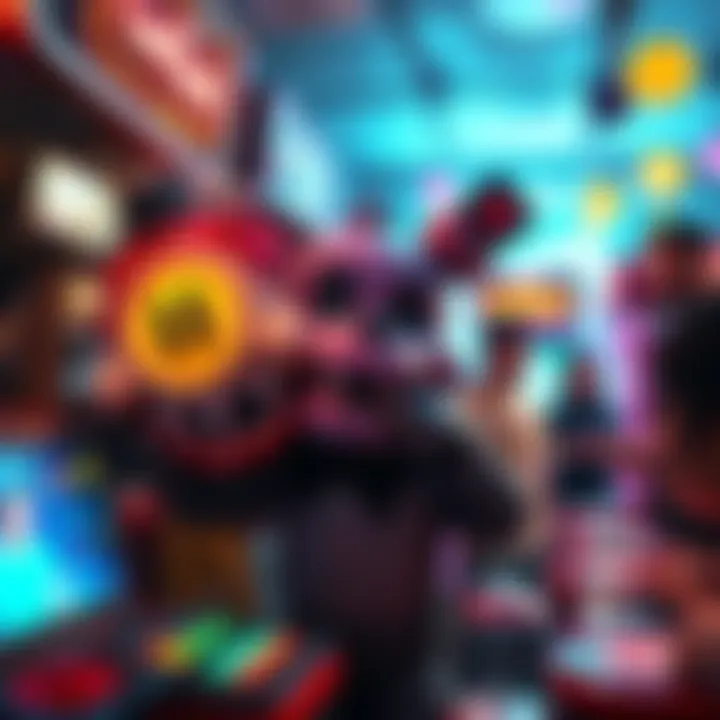 A cartoonish scene of a spooky animatronic character in a fun amusement setting, with people laughing and playing games around it.