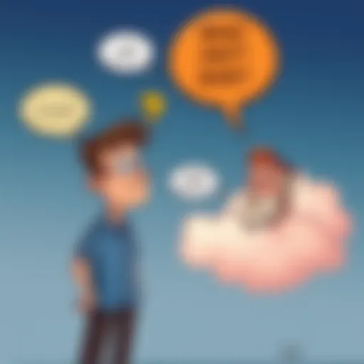 A cartoonish scene showing a person looking confused while talking to a cloud representing God, with humorous speech bubbles around them.