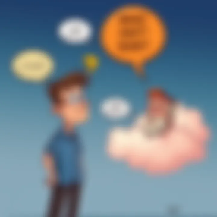 A cartoonish scene showing a person looking confused while talking to a cloud representing God, with humorous speech bubbles around them.