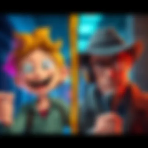 A split image showing a humorous cartoon character on one side and a serious investigator character on the other side, representing different styles in point & click adventure games.