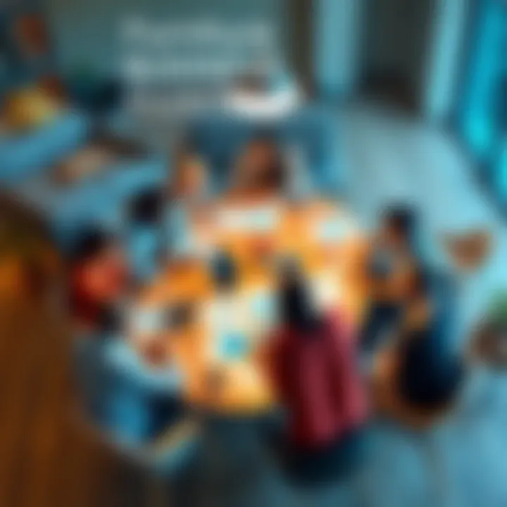 A group of diverse people discussing furniture options around a table with various samples and charts related to customer data analysis.