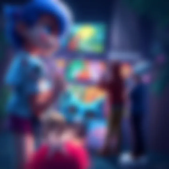 Members of the furry community gather around colorful artwork, supporting AI artists and traditional art forms, highlighting their acceptance and diversity in creativity.