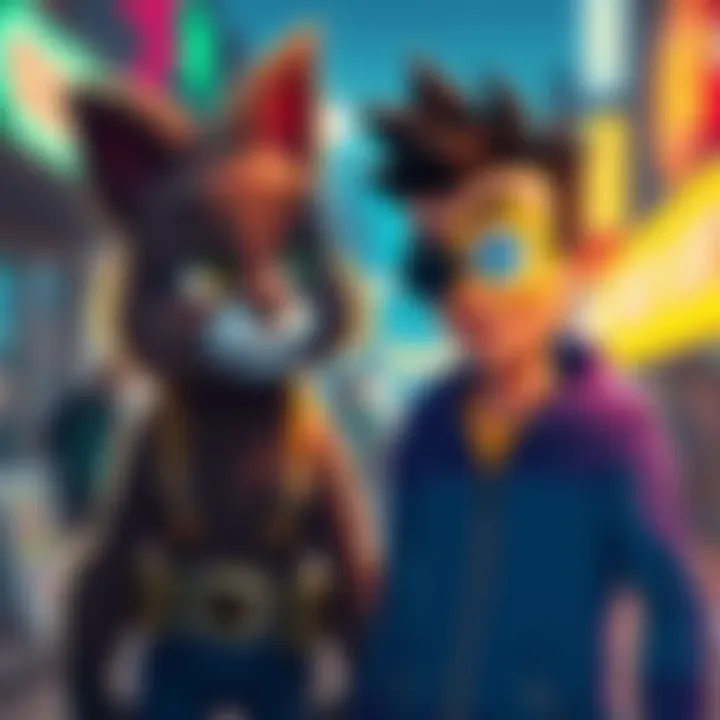 Furry Beltboy with a furry costume and Cyclops with one eye, both standing together in a colorful scene