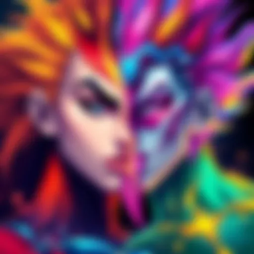 A colorful artwork showcasing two characters blended into one unique design.