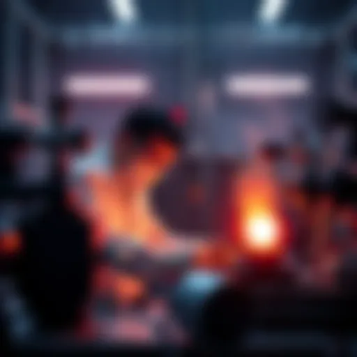 A scientist working on a fusion energy experiment with equipment and glowing plasma