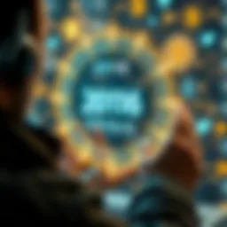 A person in 2010 interacting with a holographic AI interface, showcasing coding and writing capabilities, surrounded by Bitcoin symbols and early social media icons.