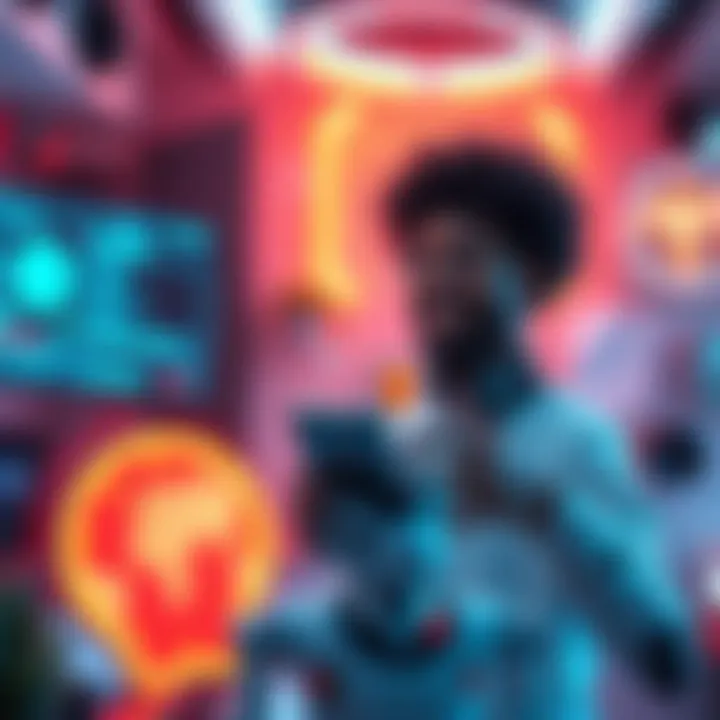 A futuristic scene showing an AI interface predicting a person's needs with smart devices around them, highlighting the interaction between technology and daily life.
