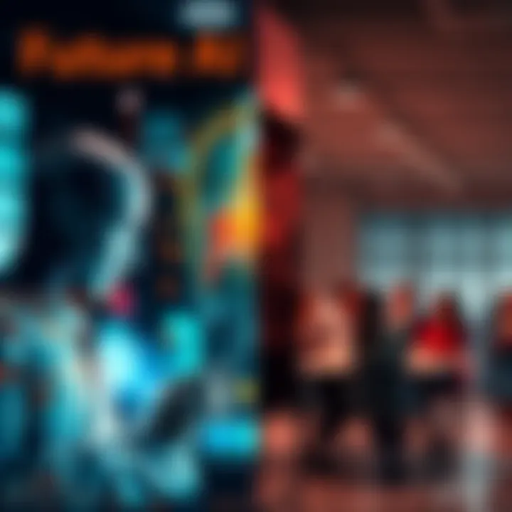 A visual representation of AI-driven cultural shifts, featuring a split scene showing a person using AI tools for divorce paperwork on one side and a diverse group of people discussing new job titles in a modern office on the other side.