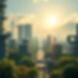 A bright and advanced futuristic city filled with greenery and people thriving in harmony, showcasing technology and cooperation