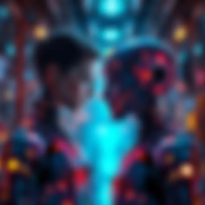 A visual representation of advanced AI and humans working together peacefully, illustrating harmony between technology and people.