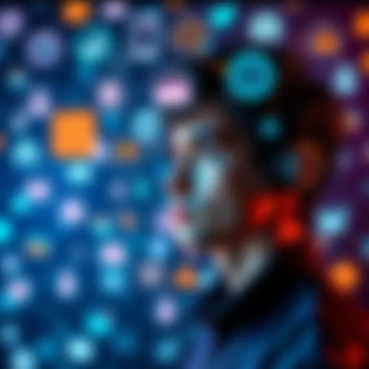 A person brainstorming creative job titles inspired by AI advancements, surrounded by floating icons representing various industries.