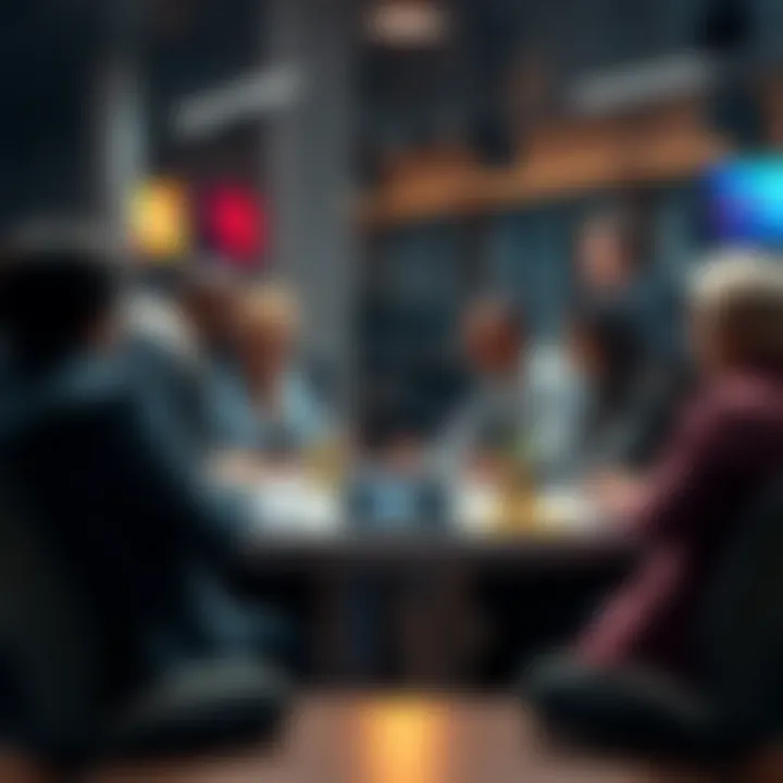 A diverse group of people discussing predictions about artificial general intelligence and advanced robotics at a round table.