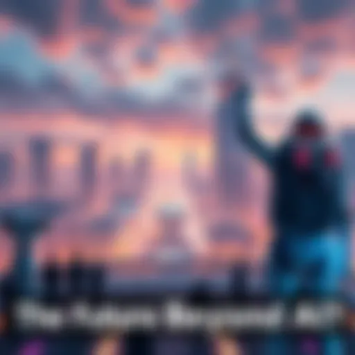A futuristic city skyline with advanced technology and robots interacting with people, showcasing what may come after AI.