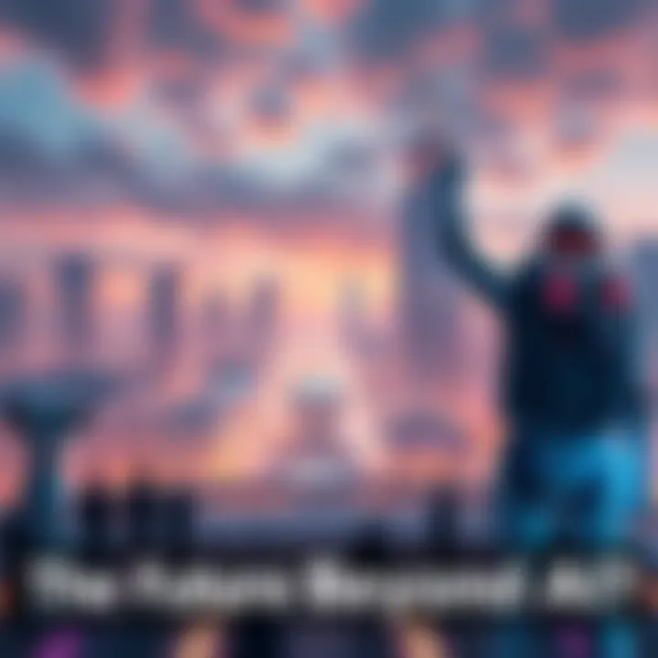 A futuristic city skyline with advanced technology and robots interacting with people, showcasing what may come after AI.