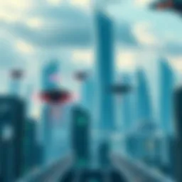 A futuristic city skyline with advanced AI elements and technology integration, showcasing flying vehicles and digital displays.