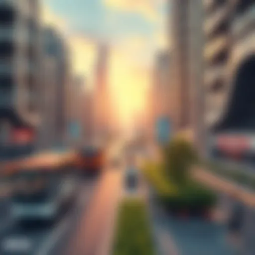 A futuristic cityscape showing autonomous vehicles and green spaces with people engaging in local activities.