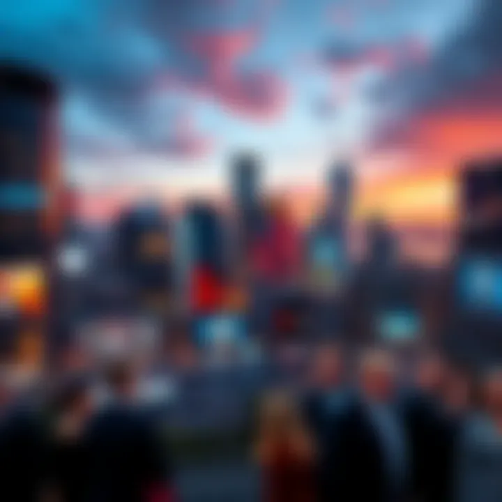 A futuristic city skyline with Trump-themed elements and political symbols representing the United States. The scene shows vibrant buildings and diverse people, reflecting potential changes in society...