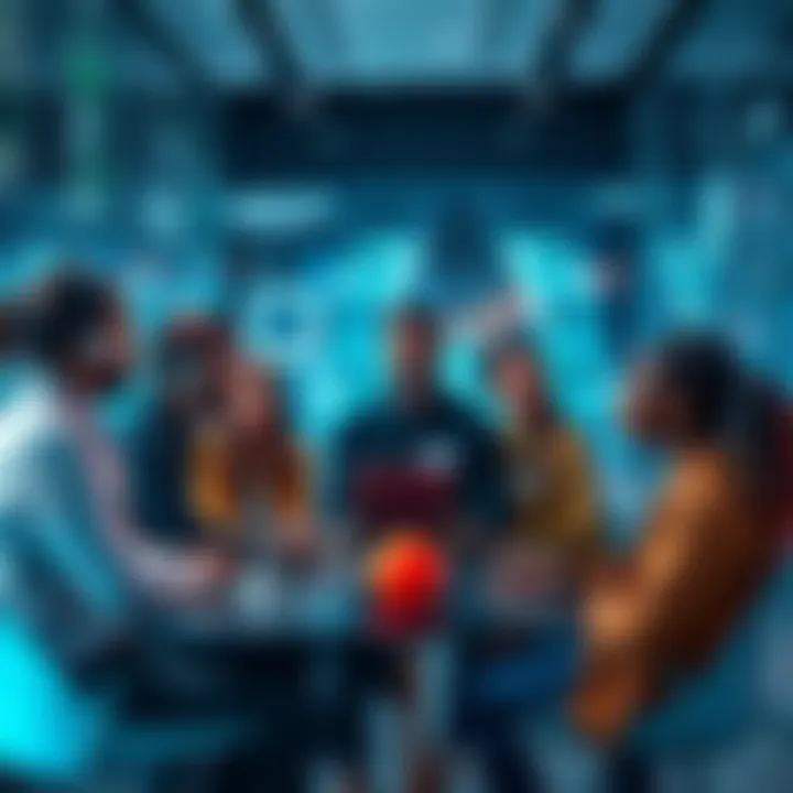 A group of diverse people discussing their thoughts on technology and society in a modern setting