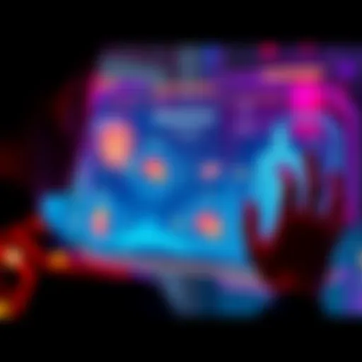 A person looking at a holographic display showing options for replacing body parts like organs and muscles with futuristic biotech.