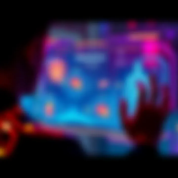 A person looking at a holographic display showing options for replacing body parts like organs and muscles with futuristic biotech.