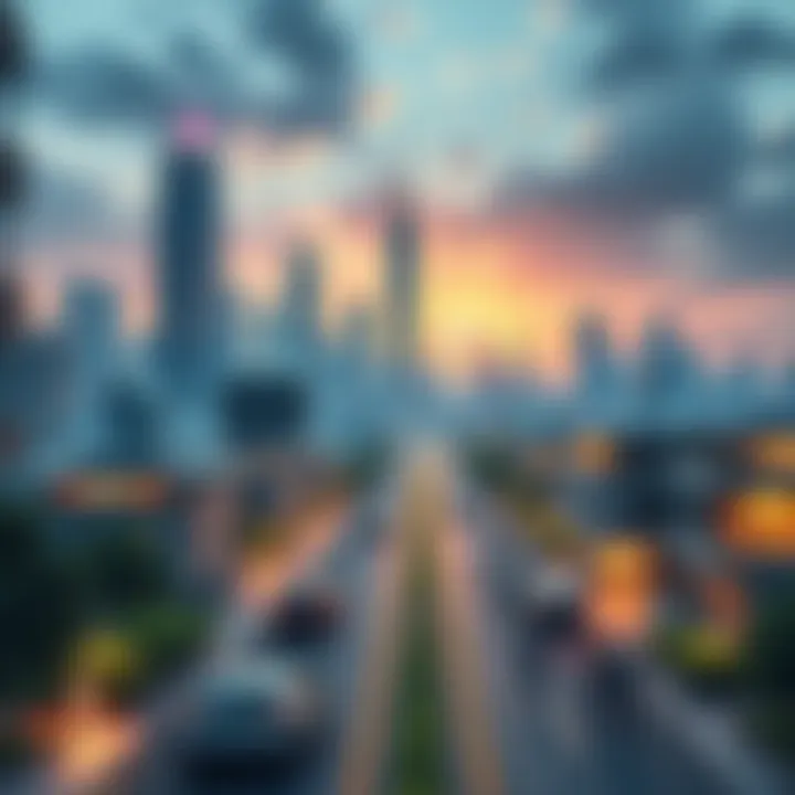 A futuristic city skyline featuring advanced technology, greenery, and electric vehicles. People interact with smart devices and robots. Homes and workplaces showcase innovative designs.