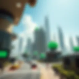 A futuristic city with flying cars and green buildings under a clear sky