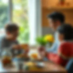 A family sharing a meal while discussing healthy lifestyle changes influenced by GLP-1 medications, with a focus on balanced eating habits.
