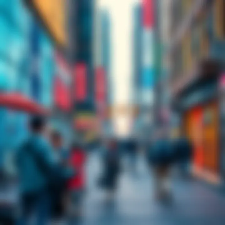 A busy city street in 2036 showcasing people using advanced technology for daily tasks, like smart devices and AI assistants.
