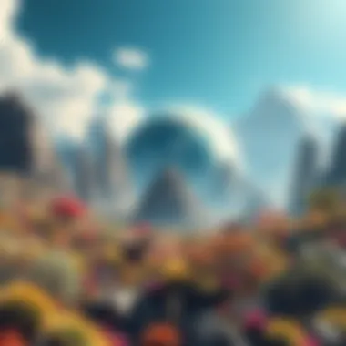 A vibrant view of Earth in the future with diverse ecosystems, strange new plants, and evolved animals roaming under a different sky.
