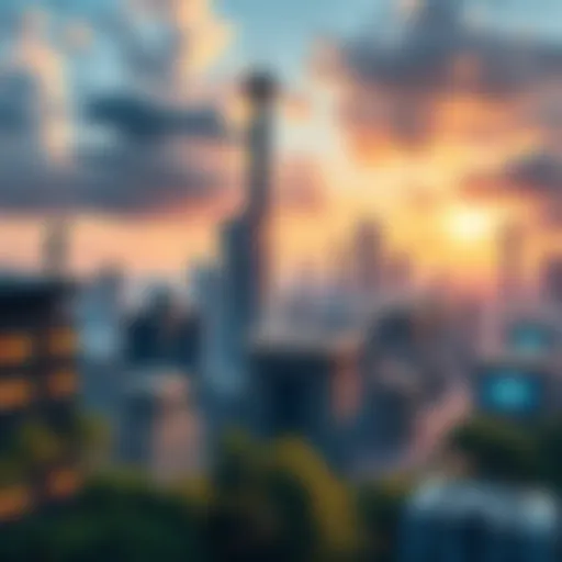 A futuristic city skyline with advanced technology and greenery, showcasing innovations in architecture and transportation.