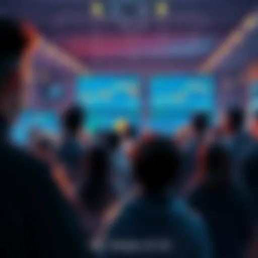 A diverse group of people looking at digital screens displaying AI technology and investment graphs, signifying the future of AI investments.