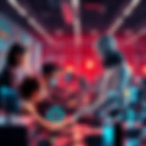 A vibrant scene showing diverse people working with advanced AI systems and technology in a modern workspace.