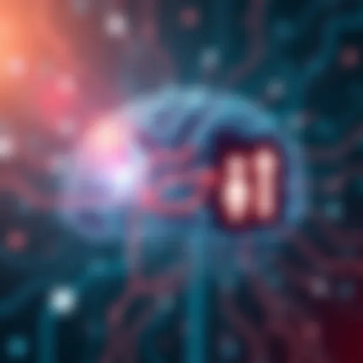 An illustration of artificial intelligence concepts evolving without new hardware, featuring a brain made of circuitry with arrows showing growth
