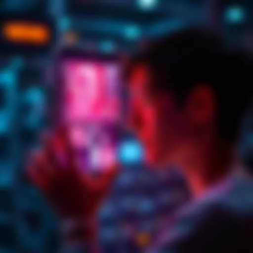 A person looking at a holographic display showing images of their past self, symbolizing digital memories and AI technology.