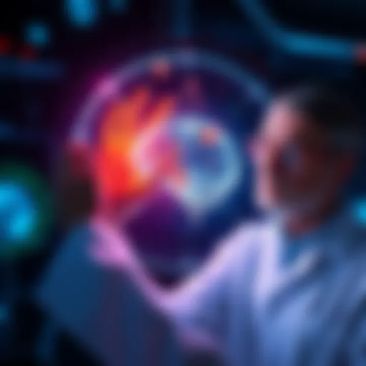 Future Scientific Breakthroughs A scientist observing a holographic display of aging cells and brain activity, symbolizing the exploration of aging treatment and consciousness.