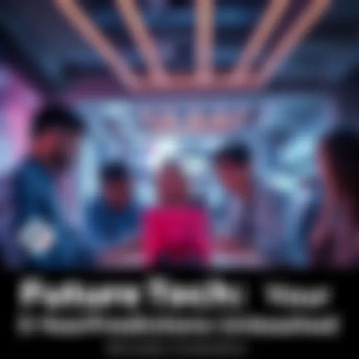 A group of people discussing future technology trends with laptops and digital devices around them