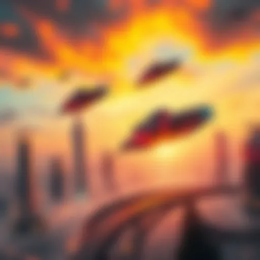 A futuristic city skyline with advanced technology and flying vehicles under a vibrant sky