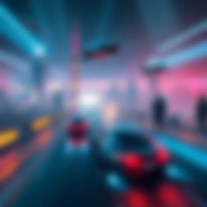 A futuristic city skyline with flying cars and people using advanced technology.