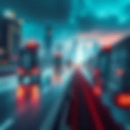 A futuristic city with empty roads and teleportation hubs, showcasing advanced technology and a decline in traditional cars.