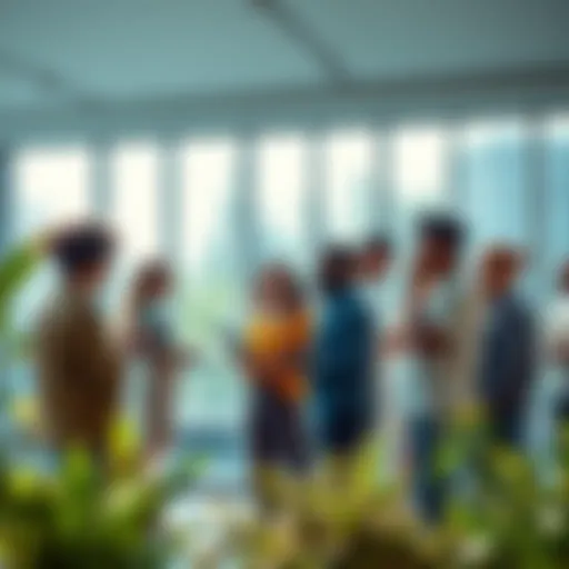 A diverse group of people discussing future trends in a bright, modern setting with technology and nature visible around them.
