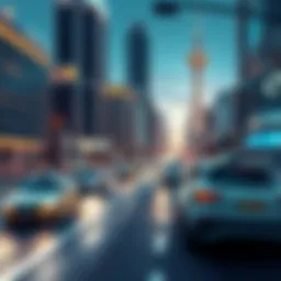 A vibrant city scene featuring self-driving cars on the roads, with futuristic buildings and a space elevator in the background, depicting possibilities of technology by 2030.