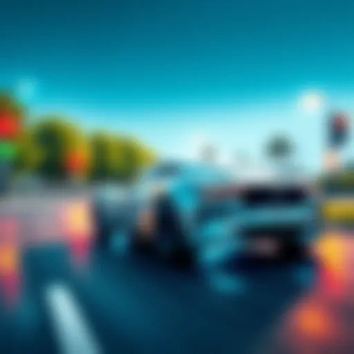 A sleek electric car driving on a modern road with smart traffic signals and green scenery