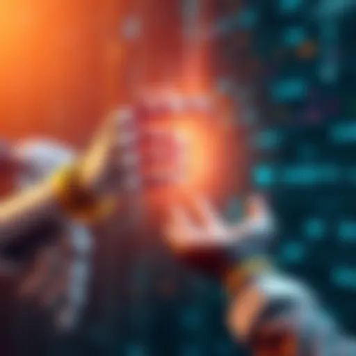 A robot hand reaching towards a human hand, symbolizing the interaction between AI and people, set against a digital background.