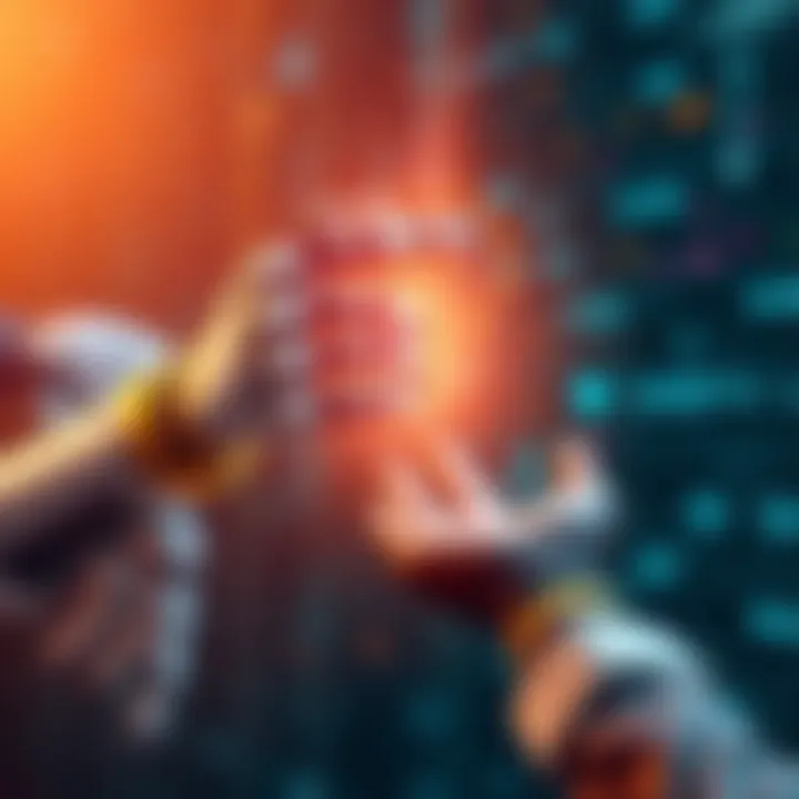 A robot hand reaching towards a human hand, symbolizing the interaction between AI and people, set against a digital background.