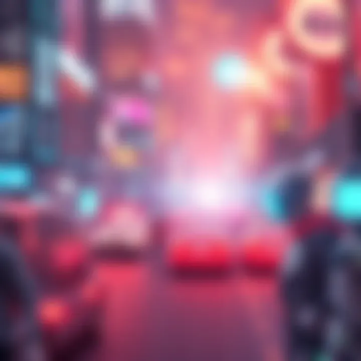 A vibrant futuristic city showcasing advanced AI technology, including flying cars and robotic helpers, with people interacting seamlessly with AI in daily life.
