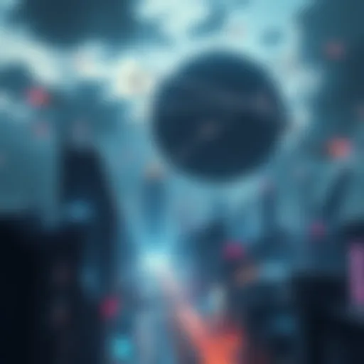 A futuristic cityscape featuring a large Dyson sphere in the sky, symbolizing advanced technology and energy harvesting, with flying vehicles and glowing buildings.