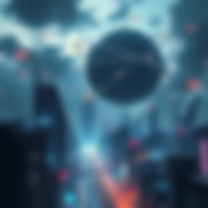 A futuristic cityscape featuring a large Dyson sphere in the sky, symbolizing advanced technology and energy harvesting, with flying vehicles and glowing buildings.
