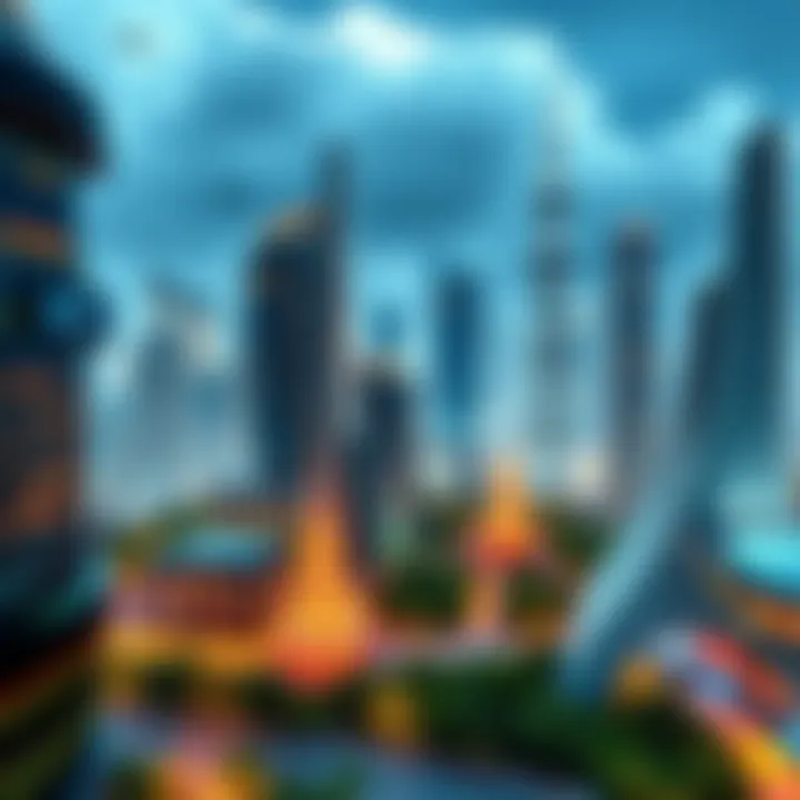 A modern city skyline featuring advanced technology and green spaces, representing future trends.